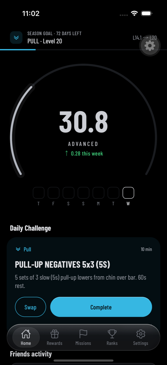 Pursue Home screen — overall level ring at 30.8 with the Advanced rank, a week of training dots, an active season goal, and today's daily challenge