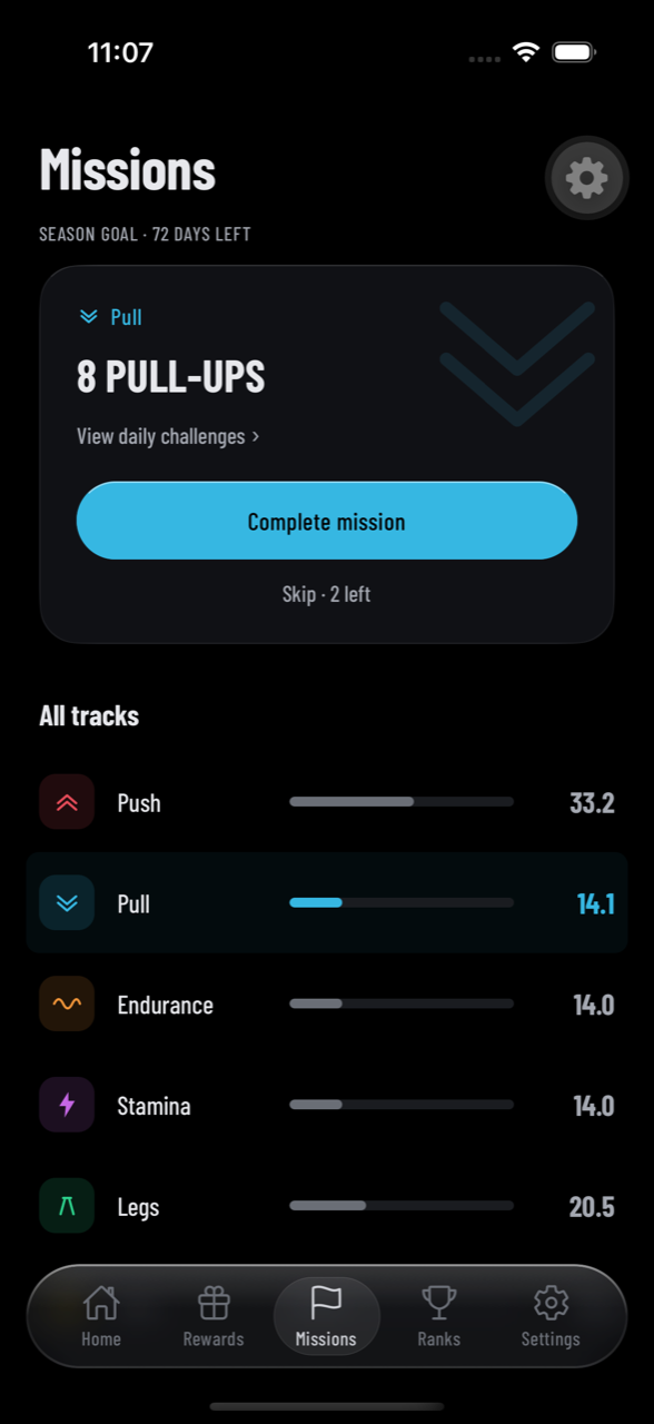 Missions screen — the active mission, 8 pull-ups, above levels for all six tracks